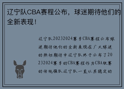 辽宁队CBA赛程公布，球迷期待他们的全新表现！