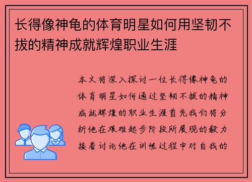 长得像神龟的体育明星如何用坚韧不拔的精神成就辉煌职业生涯